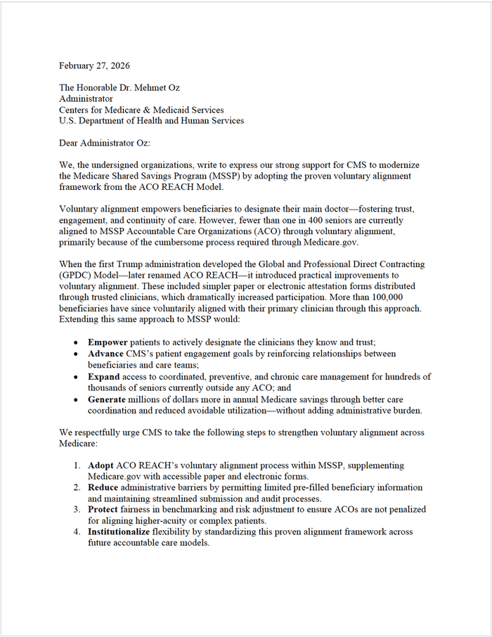 First page of the February 2026 ACO letter to CMS supporting voluntary alignment.