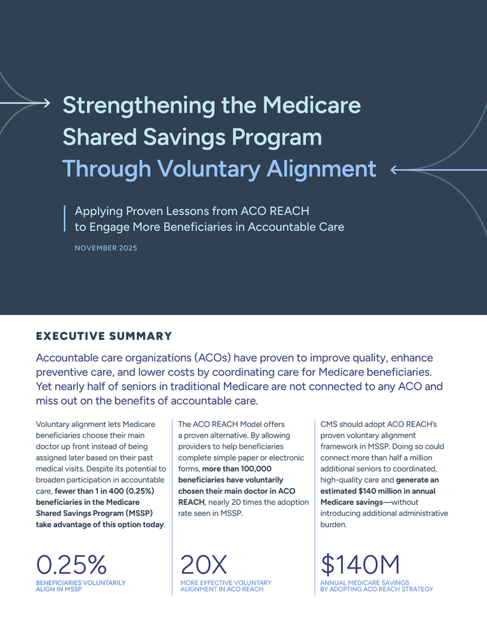 Cover of the CACA white paper, Strengthening the Medicare Shared Savings Program Through Voluntary Alignment.